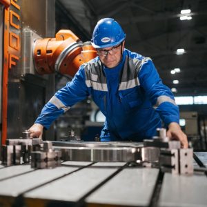 Male worker in blue uniform operates machinery in an industrial factory setting, showcasing engineering and industry.